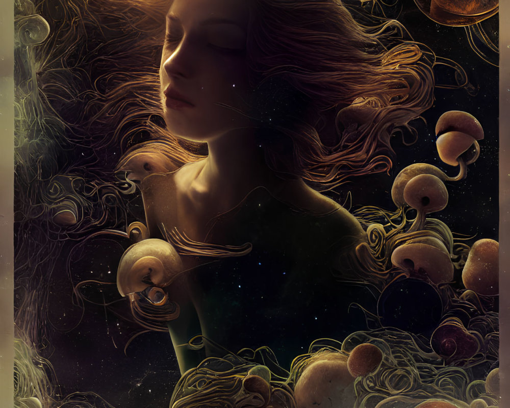 Surreal portrait of woman in cosmic setting with flowing hair and ethereal light source