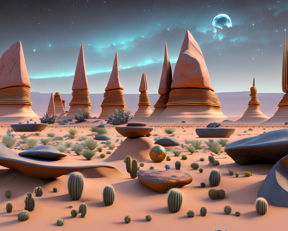 Surreal desert landscape: twilight, rock formations, cacti, dunes, crescent