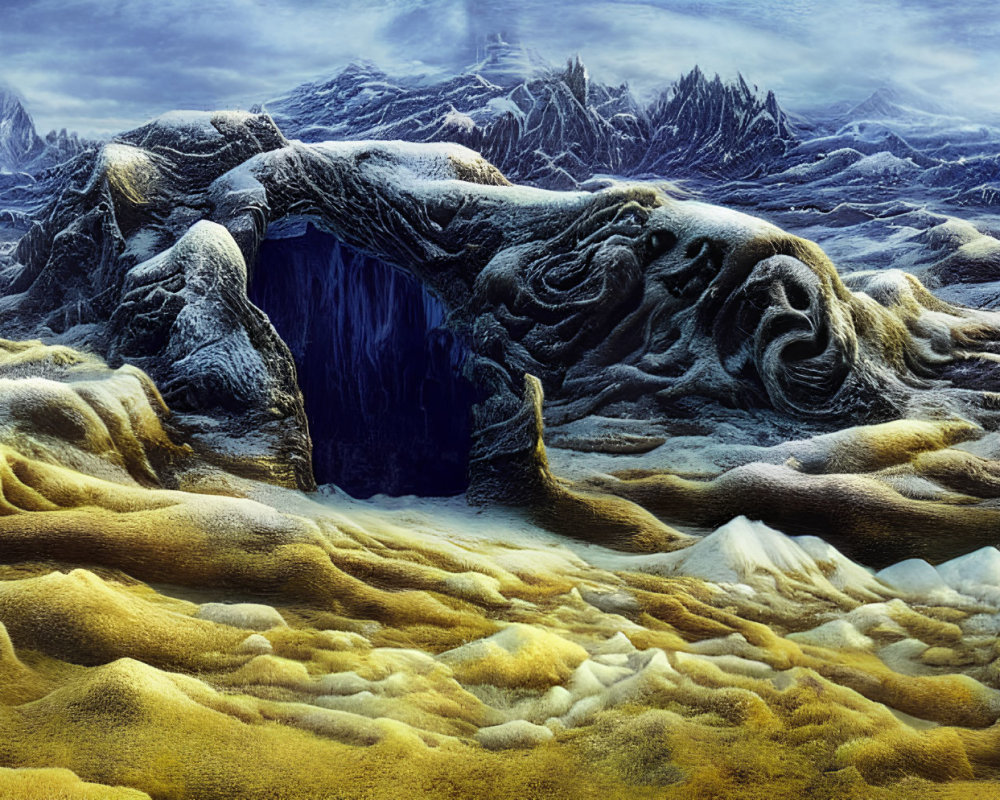 Alien landscape with blue cave entrance and mysterious figure