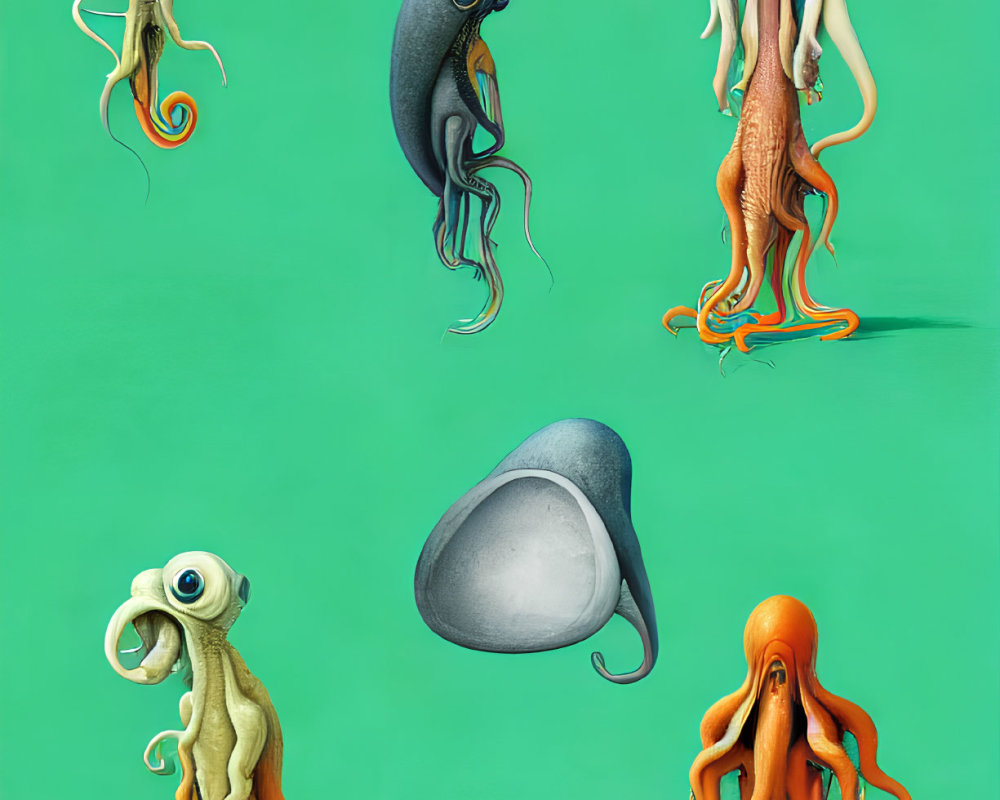 Six colorful cartoon octopuses with unique features on green background.