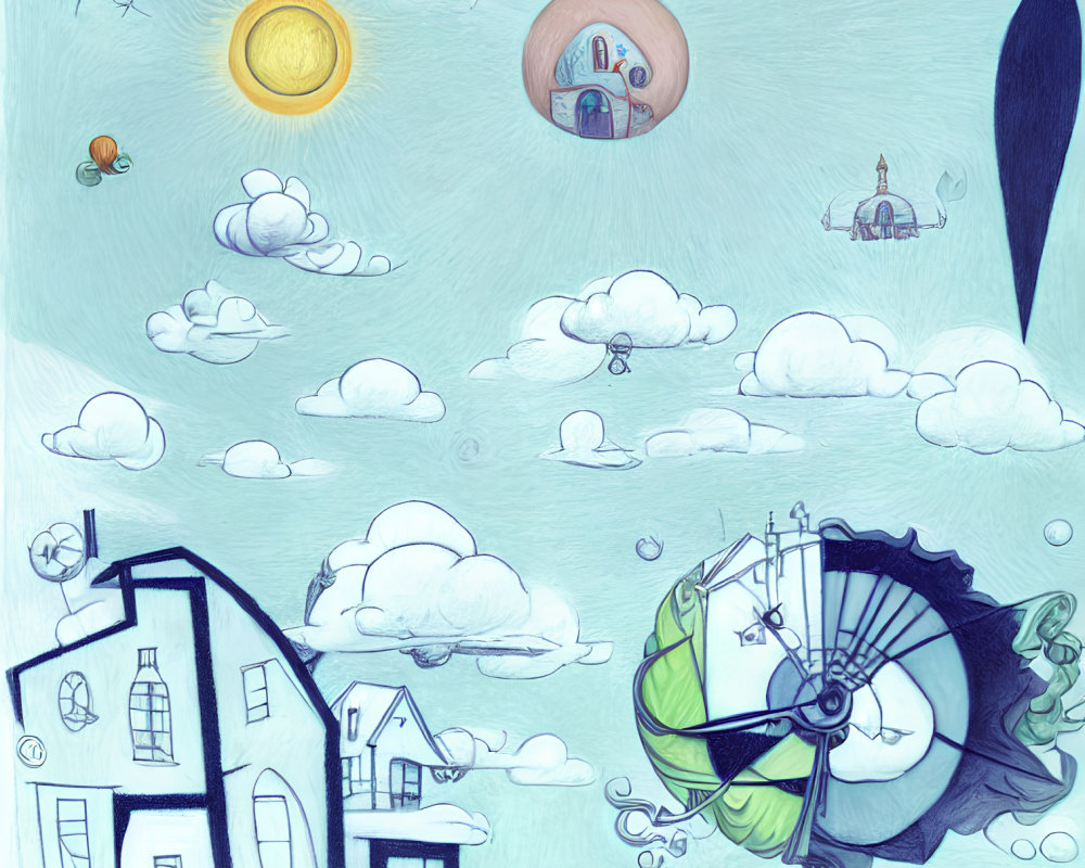 Floating house with clock face in whimsical illustration