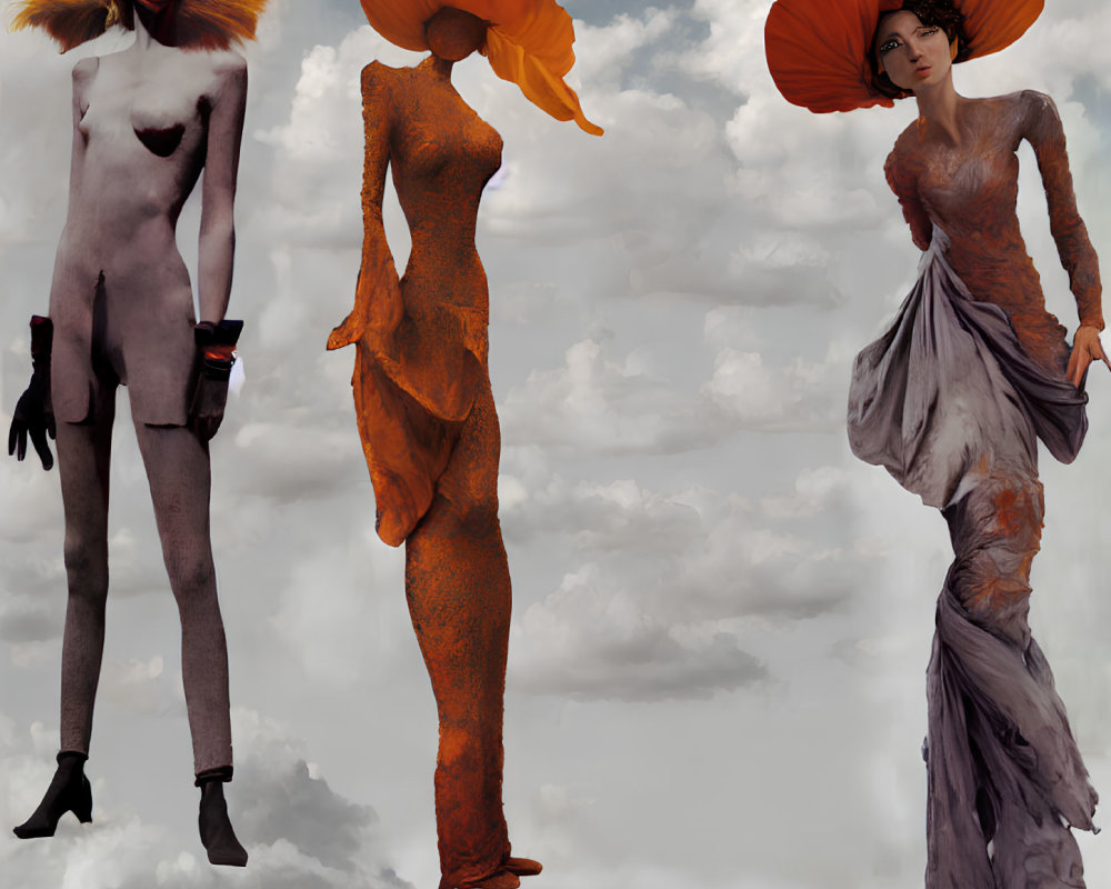 Stylized female figures with exaggerated features and dramatic hairstyles on cloudy background