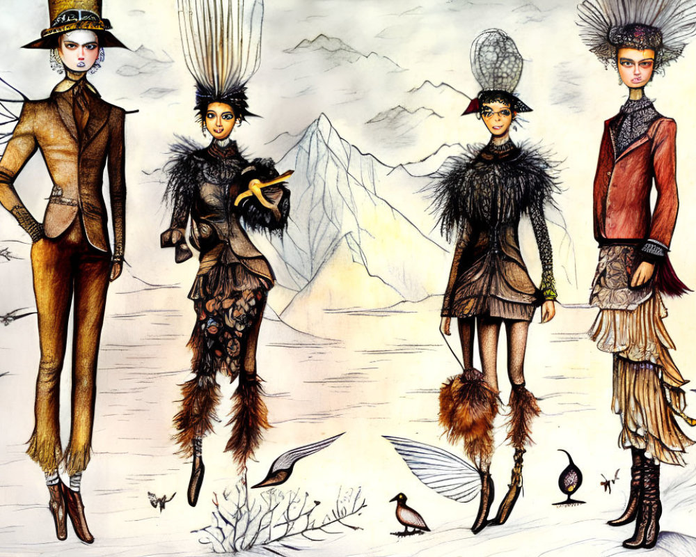 Whimsical bird-inspired fashion illustrations on mountainous backdrop