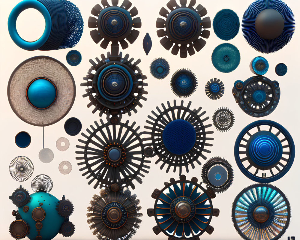 Detailed Mechanical Designs in Blue and Bronze on Light Background