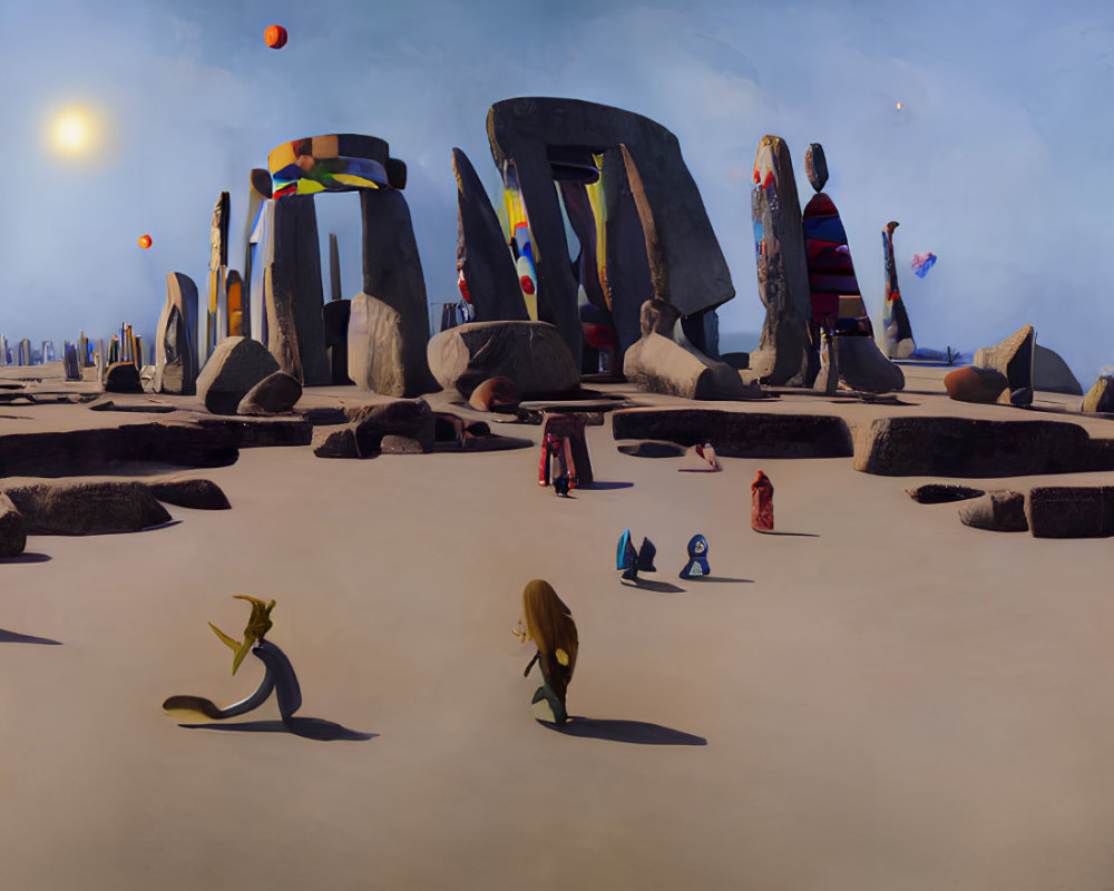 Surreal panorama featuring Stonehenge-like structures, floating objects, colorful kites, whimsical