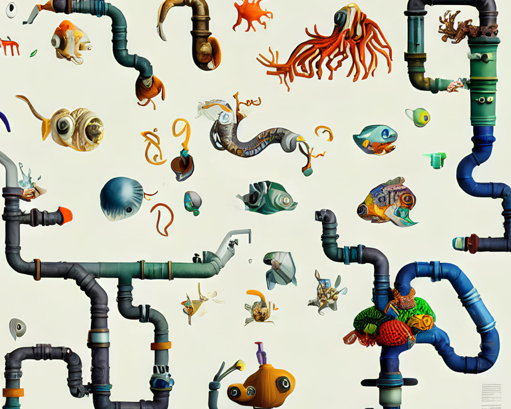 Sea creatures in intricate plumbing network create surreal aquatic scene