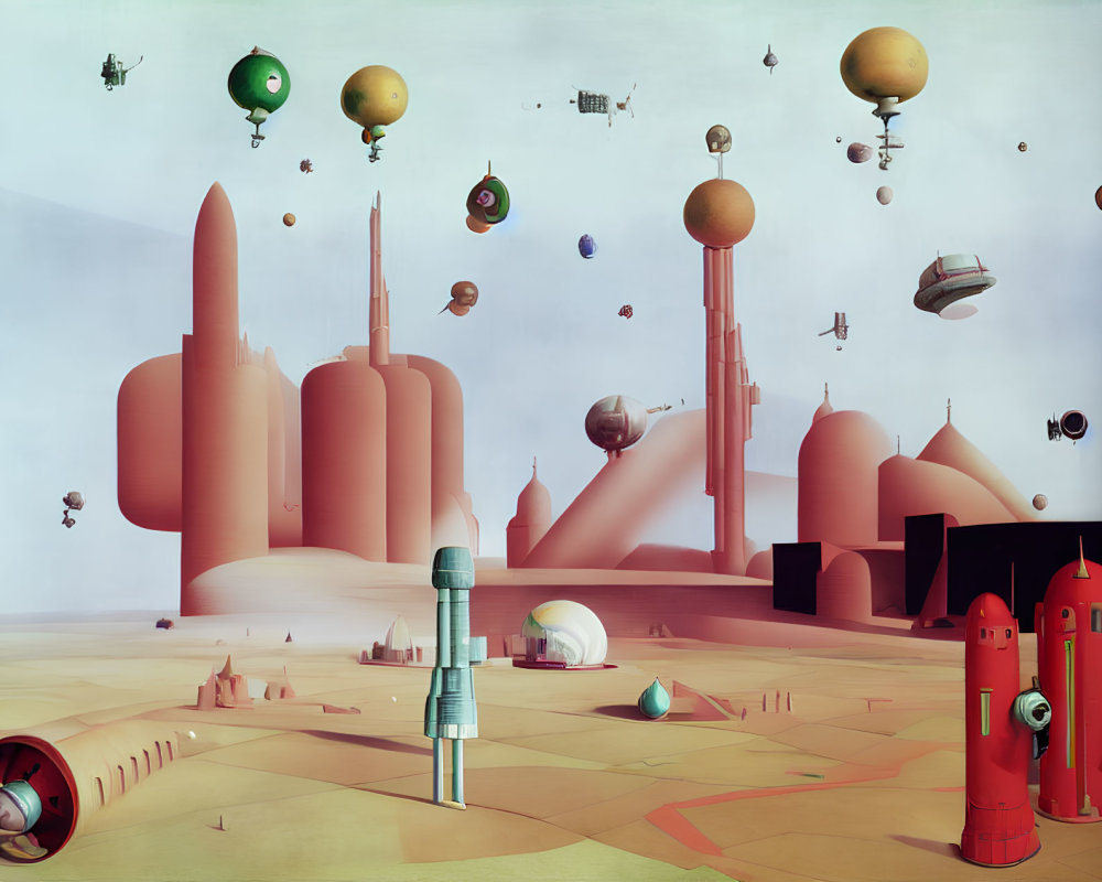 Futuristic cityscape with rounded buildings and flying drones in pastel sky