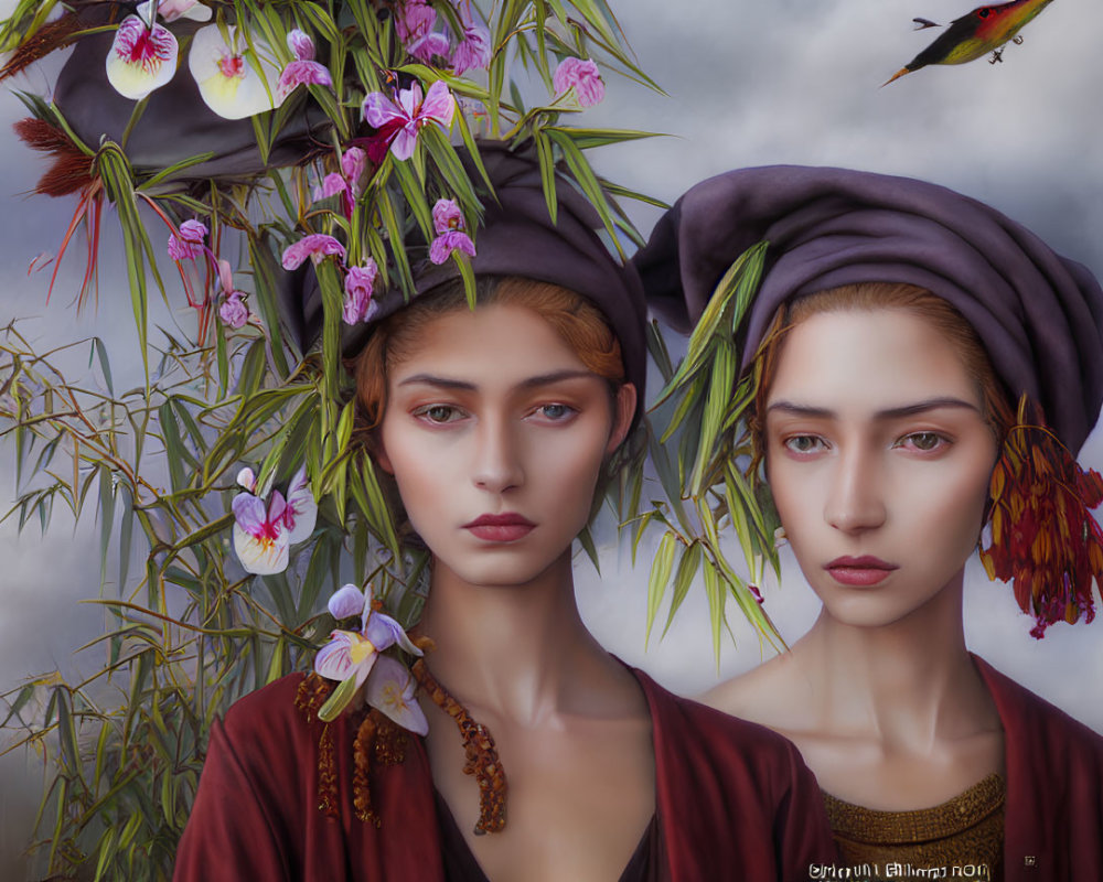 Two Women in Turbans with Exotic Flowers and Bird in Serene Setting