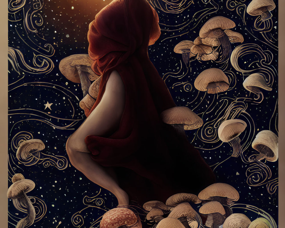 Illustration of person in red cloak among mushrooms under starry night sky