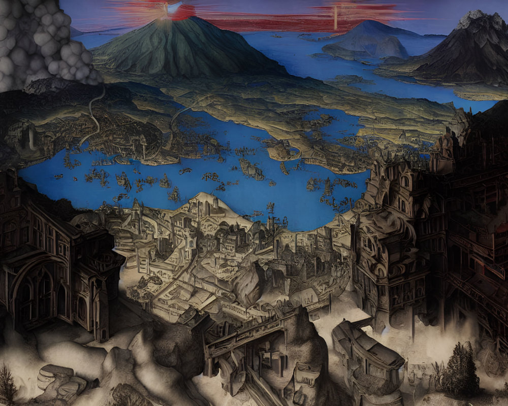 Detailed mythical landscape with city, mountains, erupting volcano, red sky