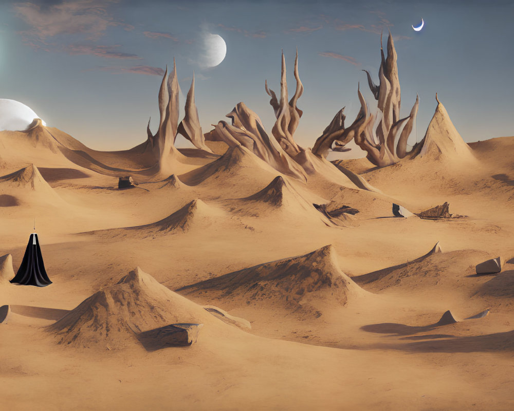 Surreal desert landscape with multiple moons and cloaked figure