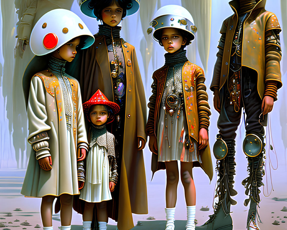 Stylized children in futuristic outfits with oversized helmets in surreal setting