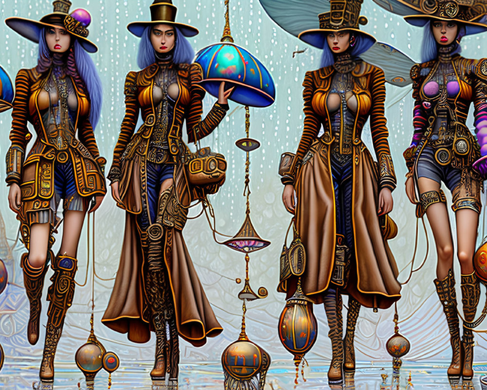 Futuristic steampunk female figures in elaborate attire with floating spheres.