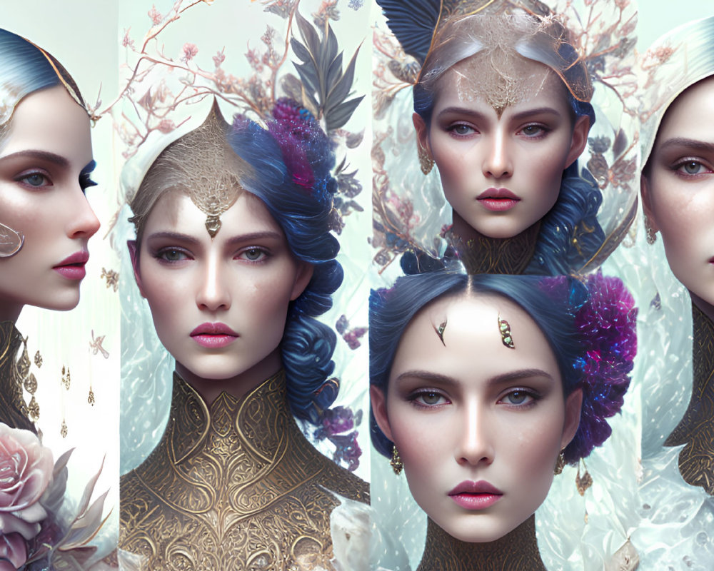 Four fantasy-style female portraits with elaborate floral headpieces in intricate foliage background