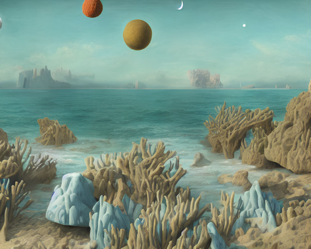 Surreal landscape with coral formations, moons, and ocean views