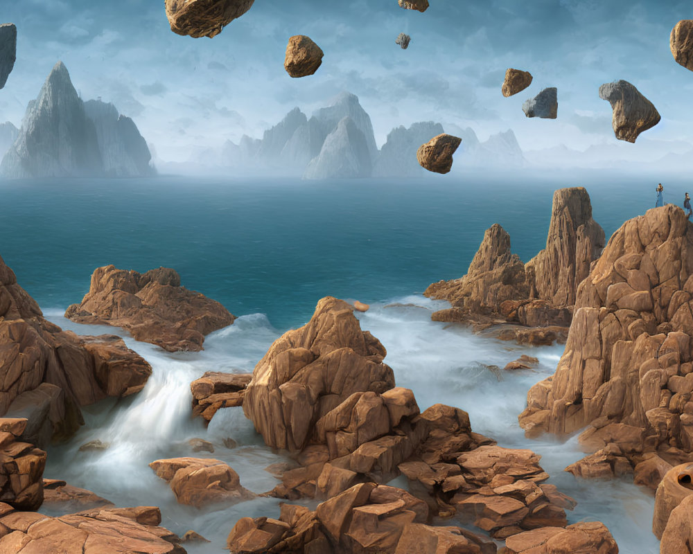 Fantastical seascape with levitating rocks and figure on pinnacle