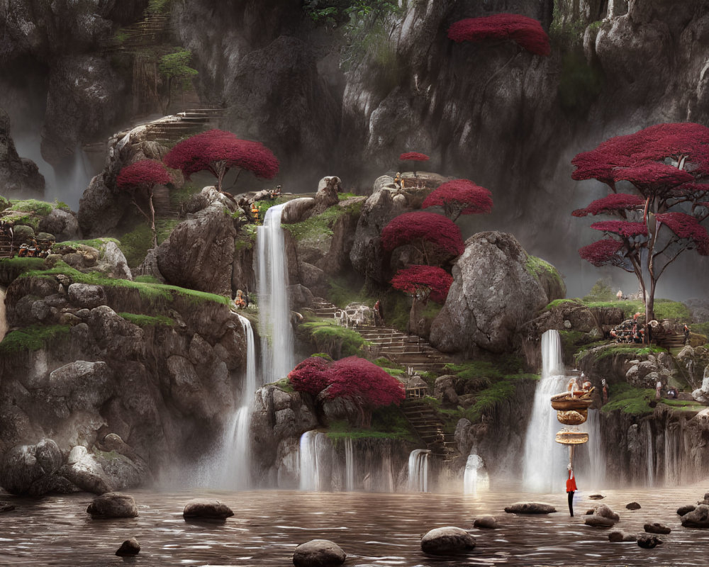 Tranquil landscape with waterfalls, red-leafed trees, rock formations, and serene pond