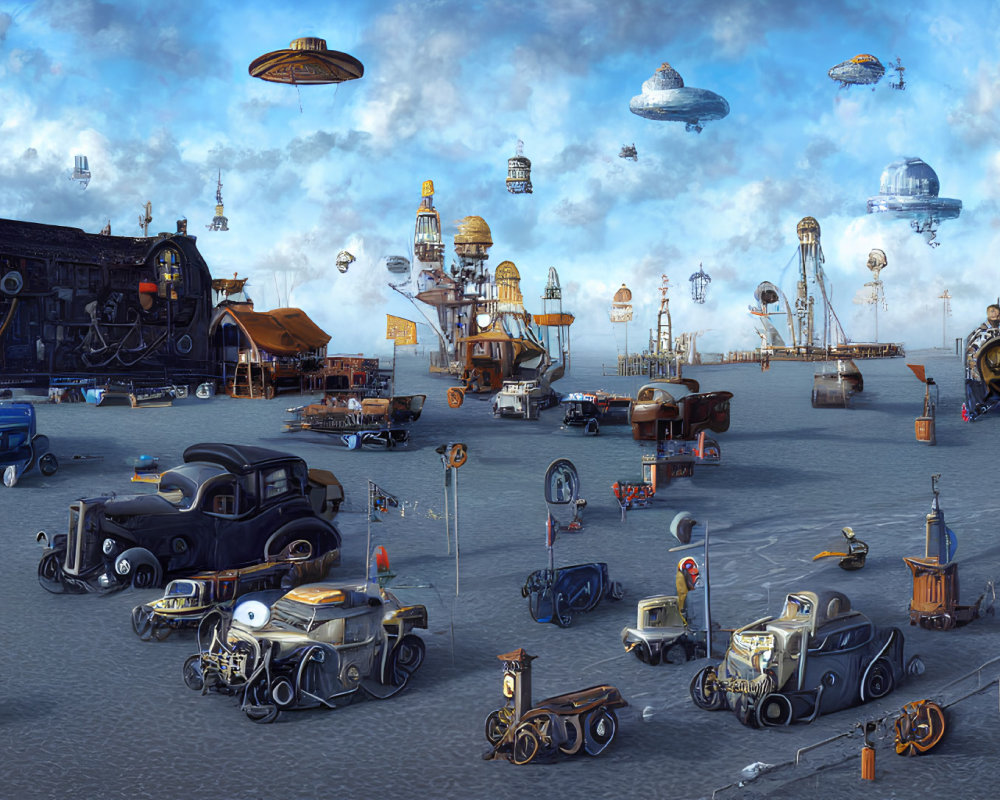 Steampunk cityscape with retro-futuristic vehicles and airships