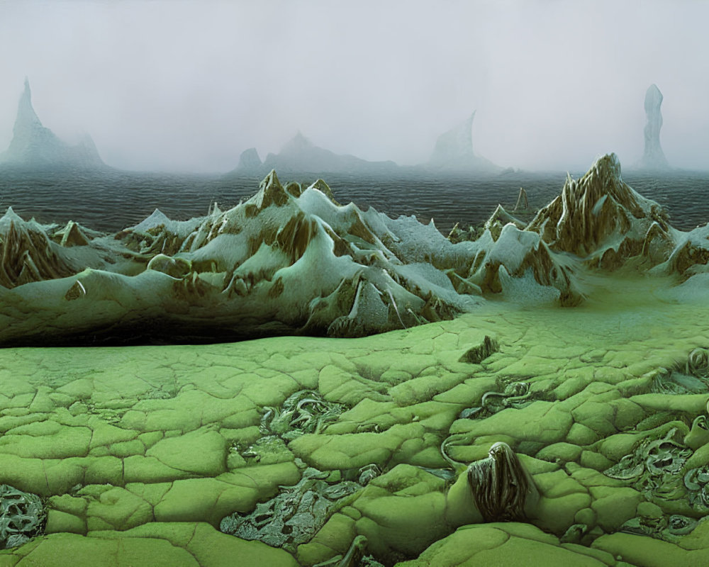 Surreal green and blue landscape with cracked earth and icy mountain peaks.