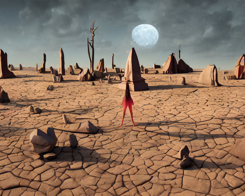 Desolate surreal landscape with cracked earth and person in red cloak