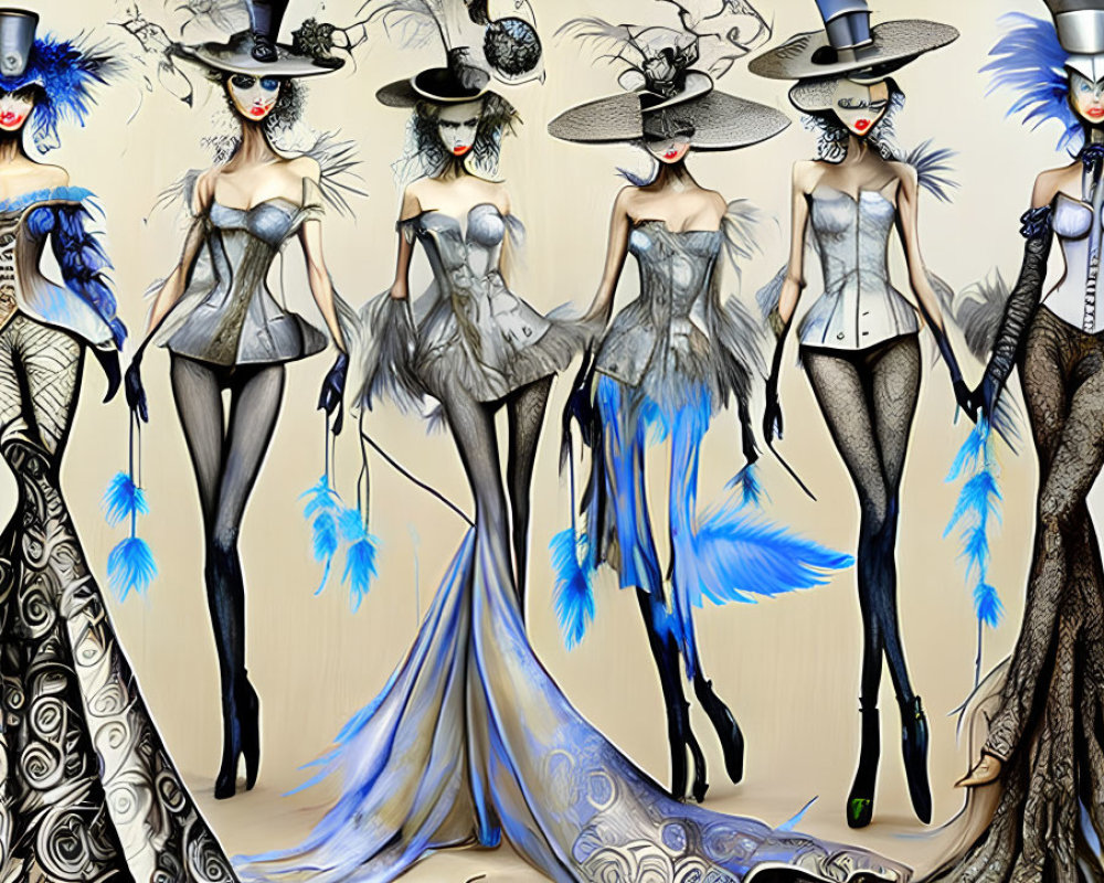 Nine Stylized Female Figures in Avant-Garde Black, White, and Blue Costumes