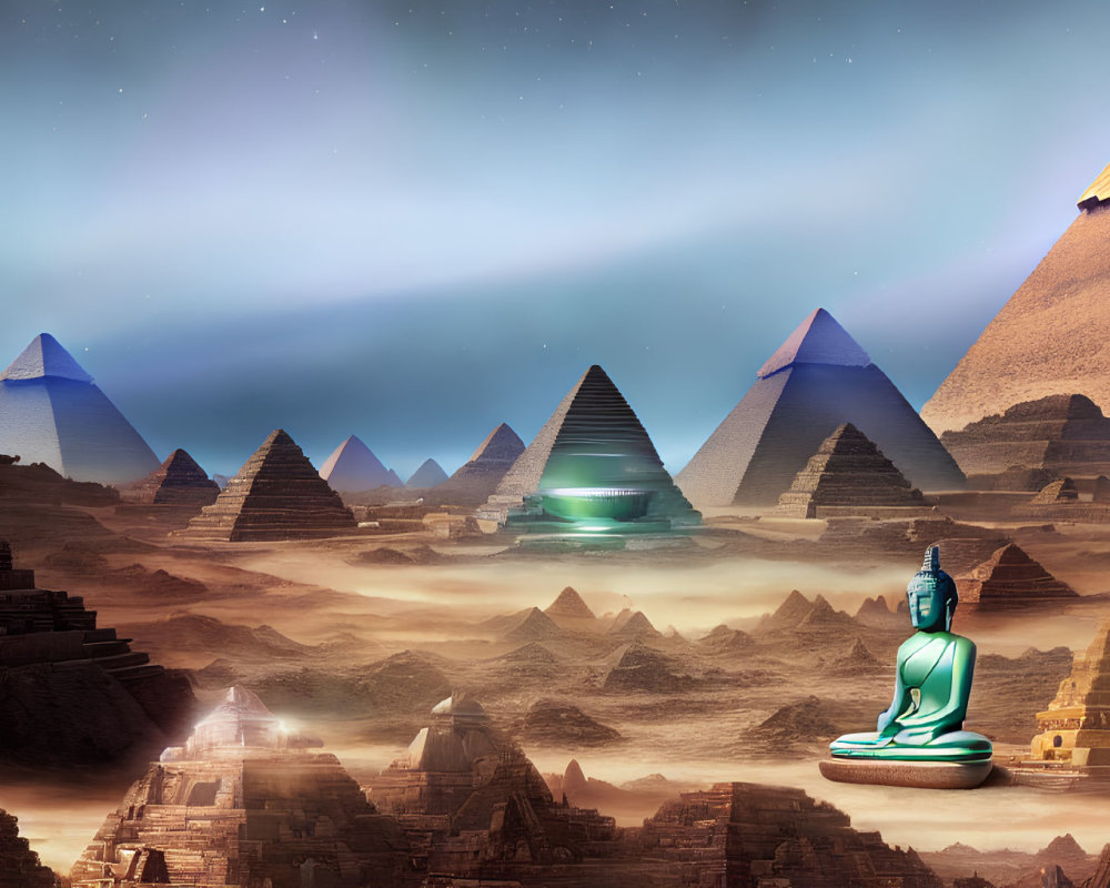 Futuristic landscape with pyramids, green Sphinx, and hovering structure