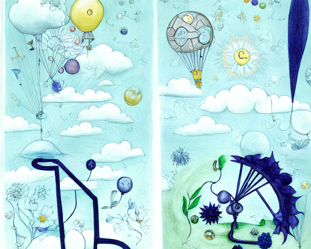 Whimsical hot air balloons and blimps with objects and symbols, floating in a dreamy sky