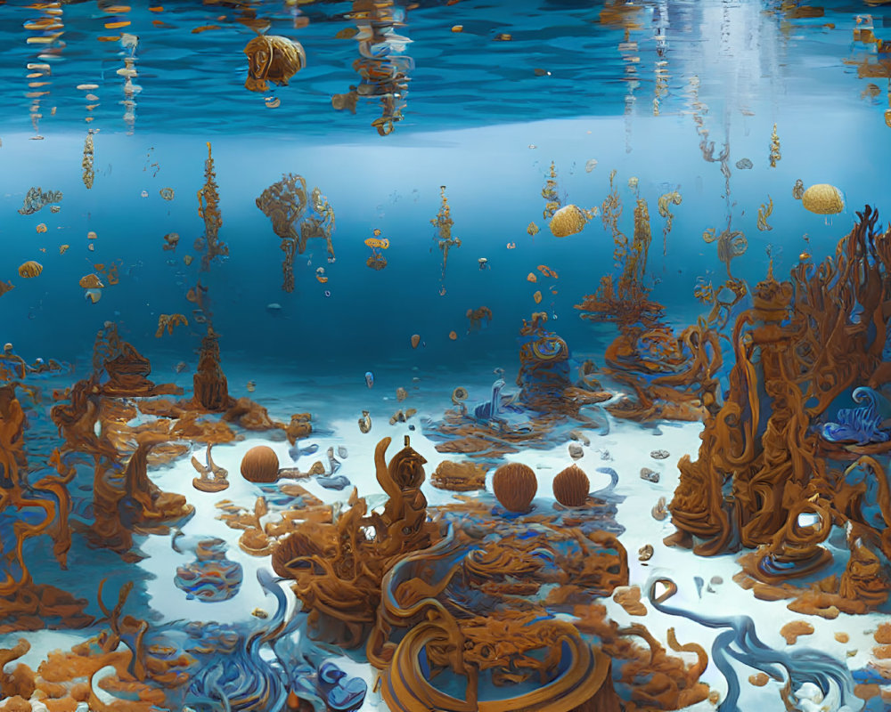 Coral-like structures and jellyfish in underwater scene