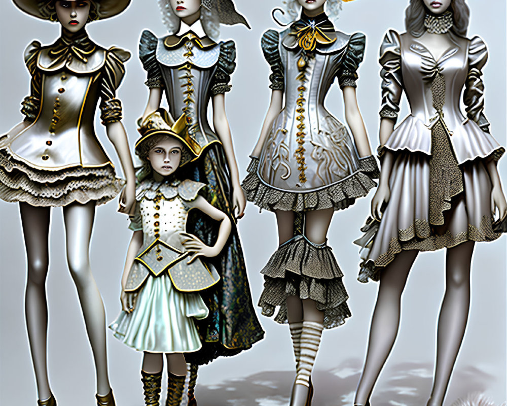 Five Victorian-inspired steampunk female figures in elaborate outfits posed against grey background