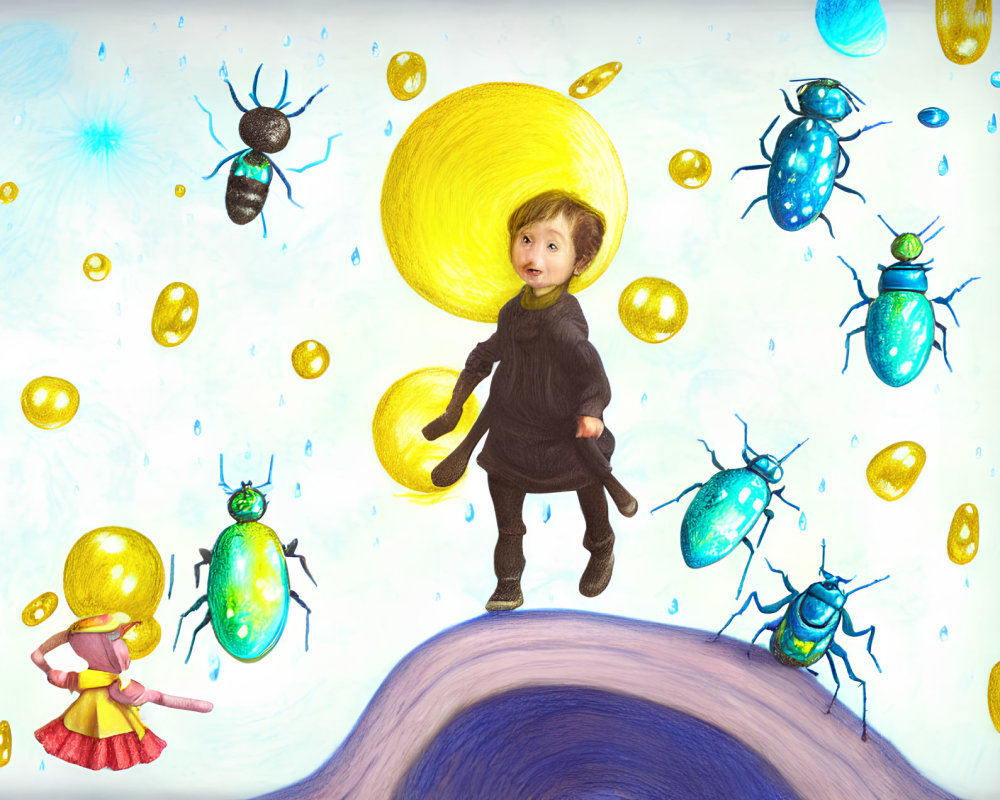 Colorful Bugs and Child in Black Outfit Illustration with Magical Backdrop