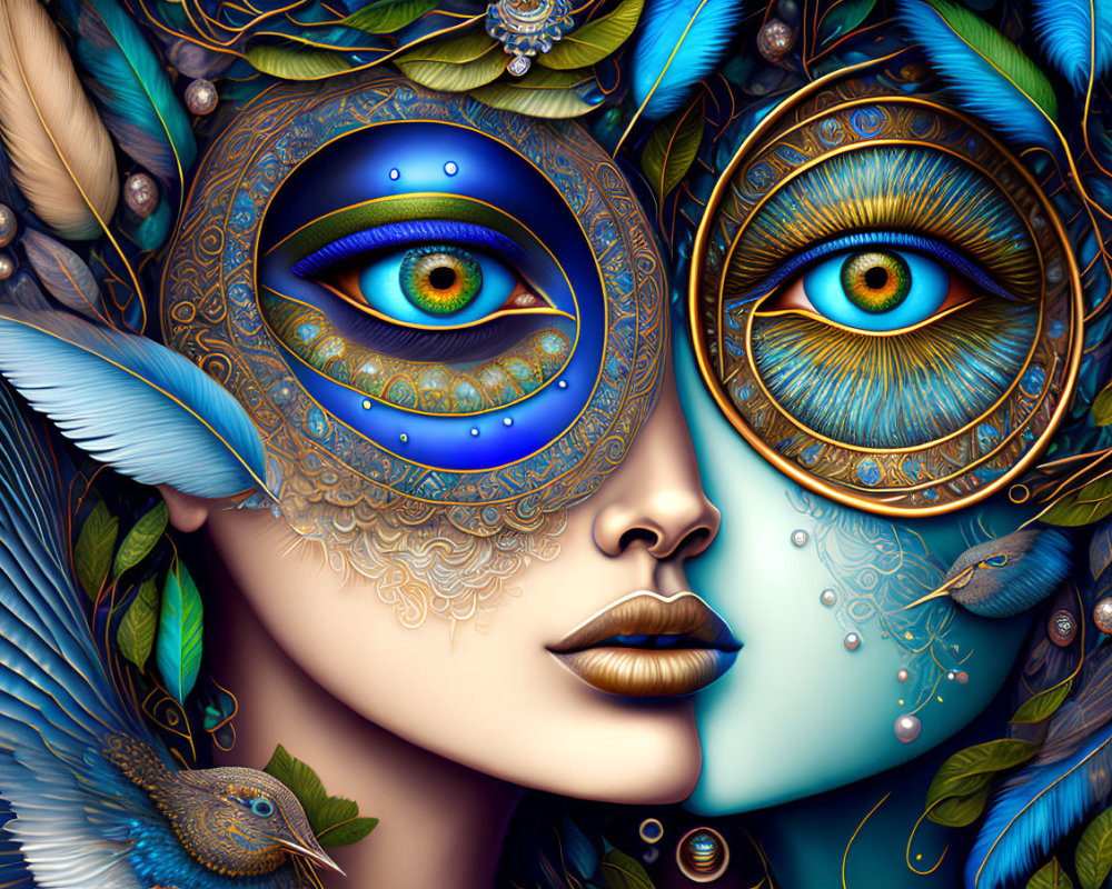 Digital Artwork: Surreal Female Face with Peacock Feather Motifs