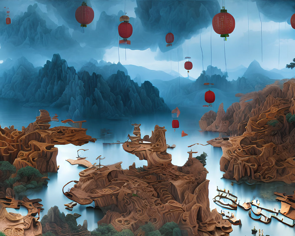 Mystical mountains, red lanterns, wooden structures, and boats in serene landscape