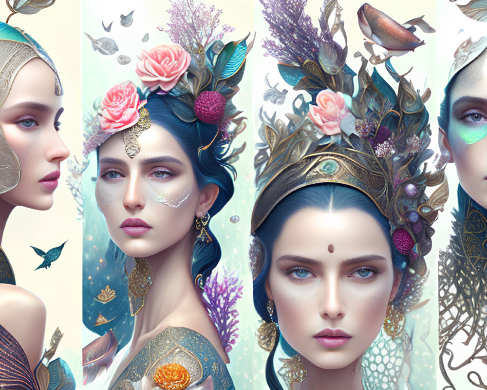 Fantasy headpiece portraits of a woman with flowers and butterflies.