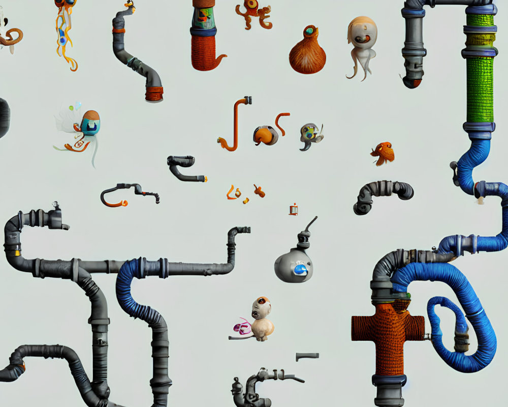 Colorful Cartoon Creatures in Whimsical Pipe Network