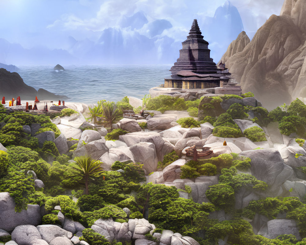 Traditional temple in rocky landscape with greenery and mountains under hazy sky