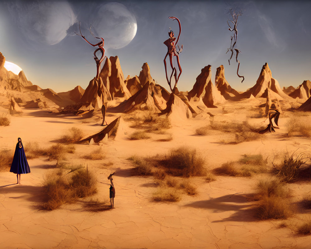 Surreal desert landscape with blue moon, person in cloak, and fantastical creatures among rock formations