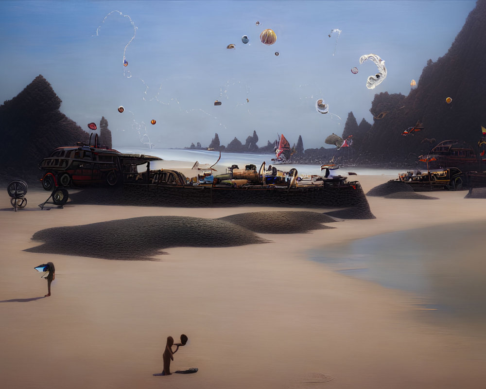 Surreal beach scene with vehicles, surfboarder, parachutes, and floating objects