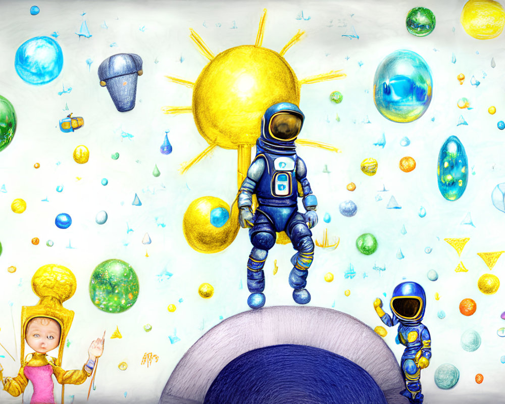 Illustrated space scene with astronauts, sun, celestial bodies, and child with scepter