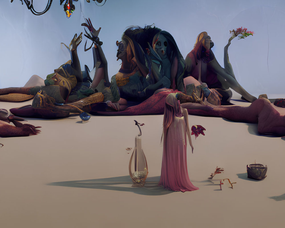 Surreal desert panorama with elongated humanoid figures and odd artifacts