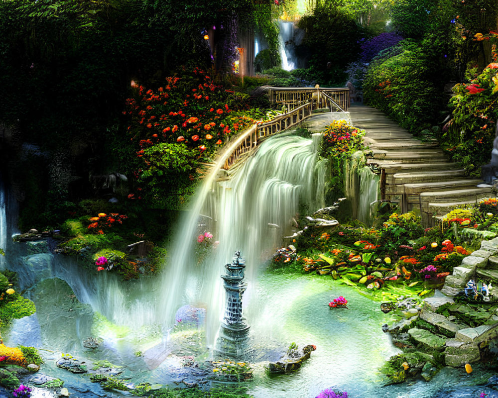 Lush Garden with Flowers, Waterfalls, Fountain, and Stone Staircase