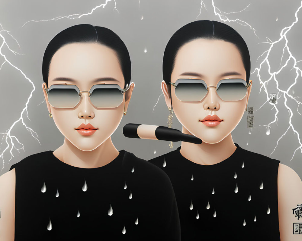 Stylized characters in reflective sunglasses against stormy backdrop