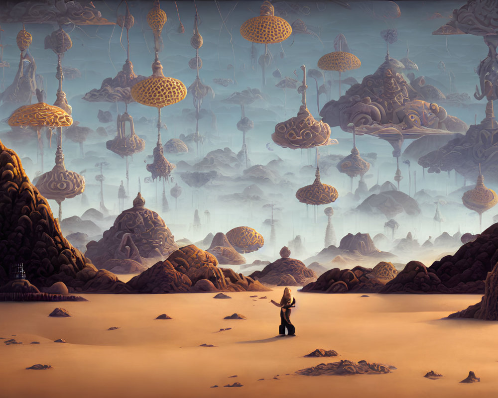 Surreal desert landscape with floating jellyfish-like entities