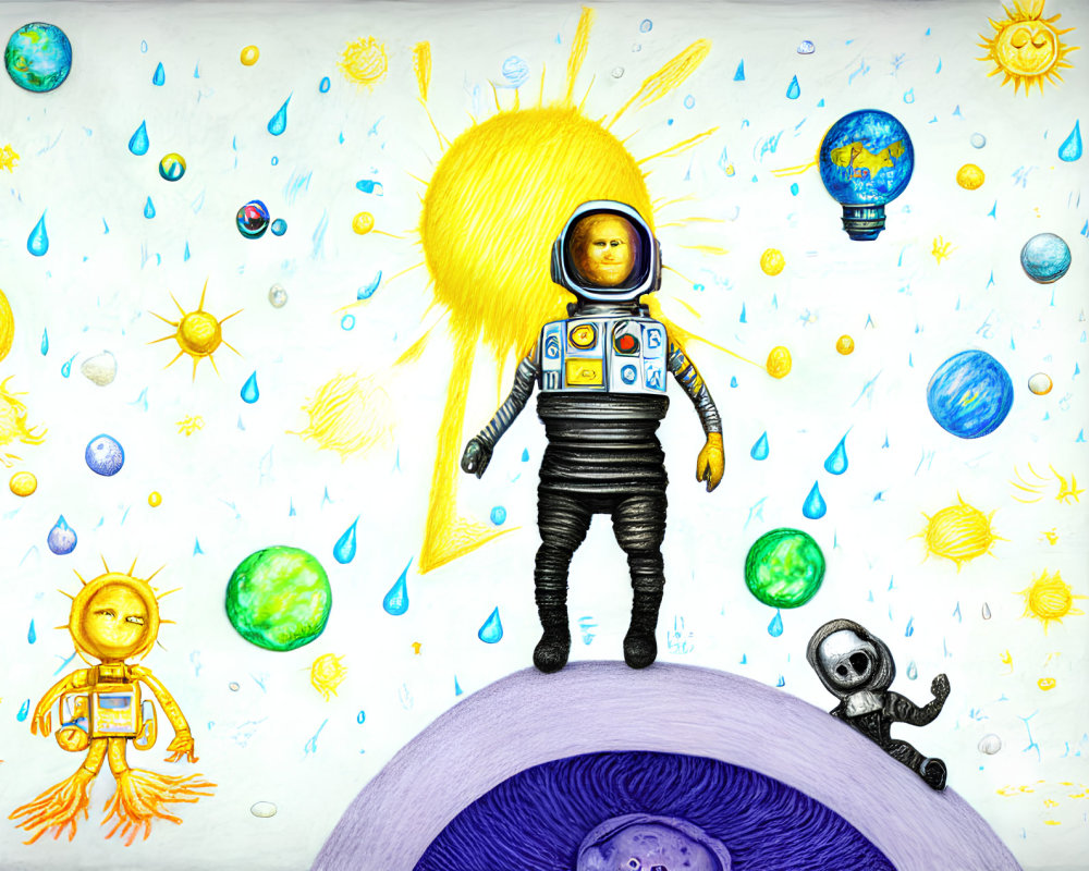 Astronaut surrounded by colorful space-themed drawings