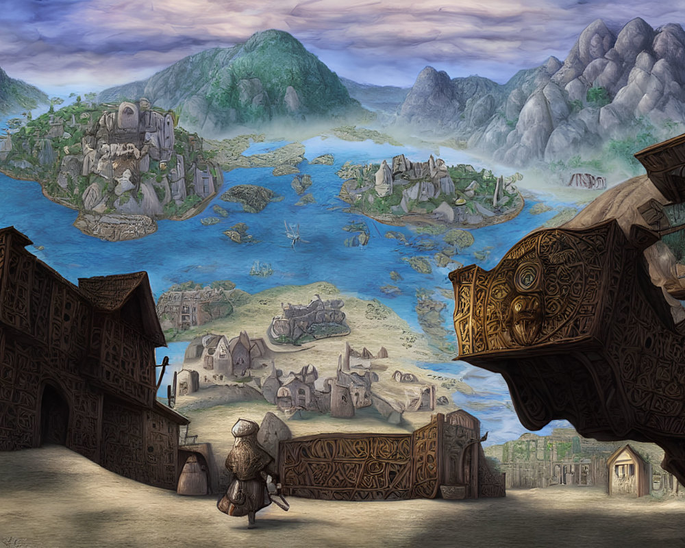 Medieval town by the sea with mountains, islands, and cloaked figure