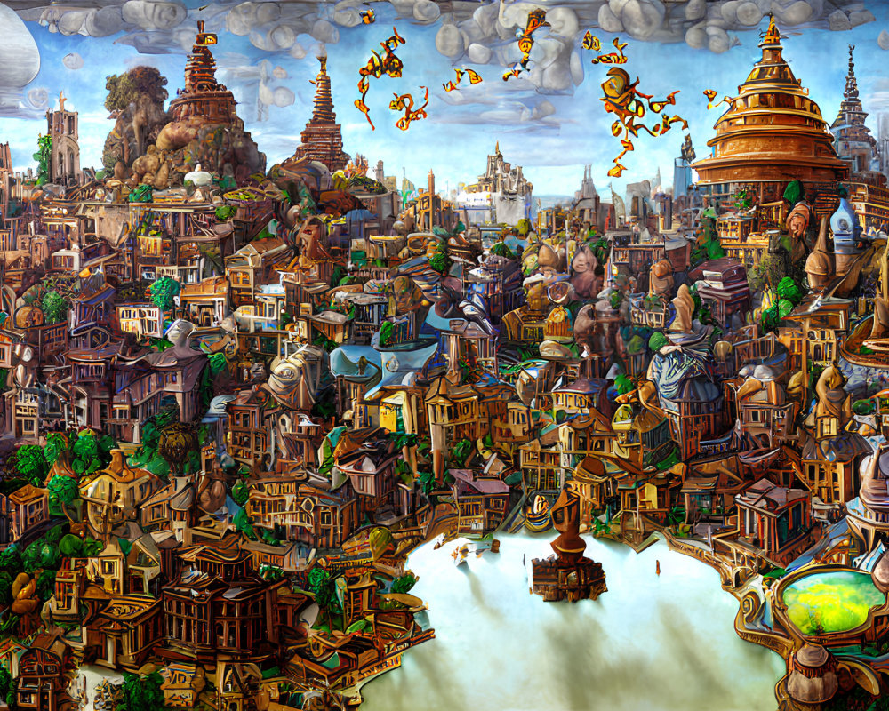 Whimsical cityscape with diverse architecture and flying monkeys.