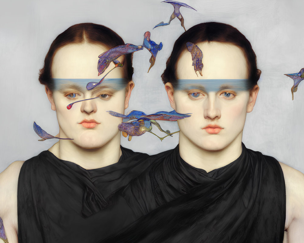 Twins in Shared Garment with Blue Bird Silhouettes on Pale Background