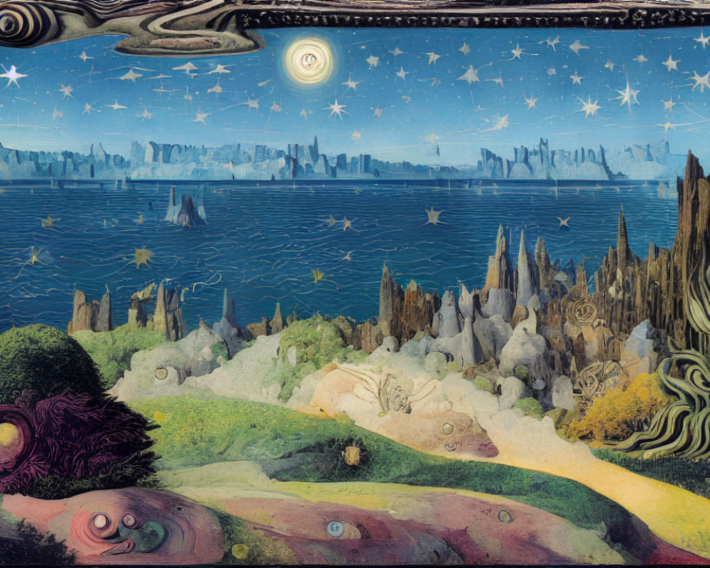 Surreal landscape painting: city skyline, starry night sky, whimsical terrains, vibrant