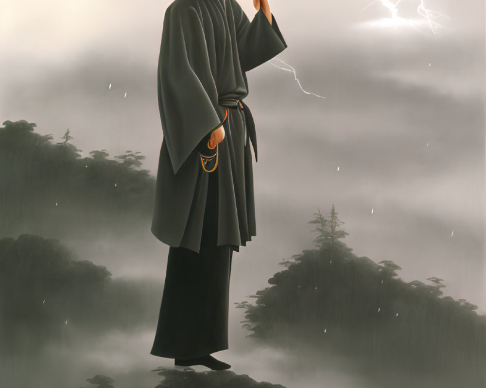 Person in traditional clothing under red umbrella in misty landscape with lightning strike.