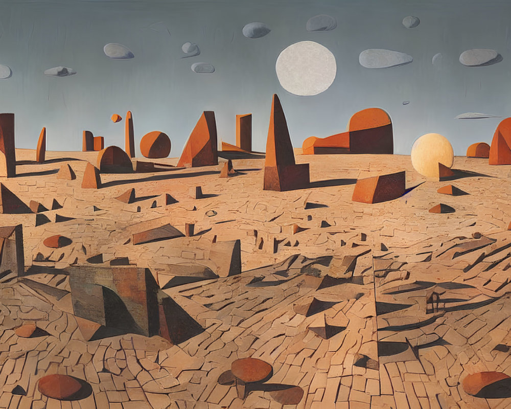 Surreal desert landscape with geometric shapes and floating orbs