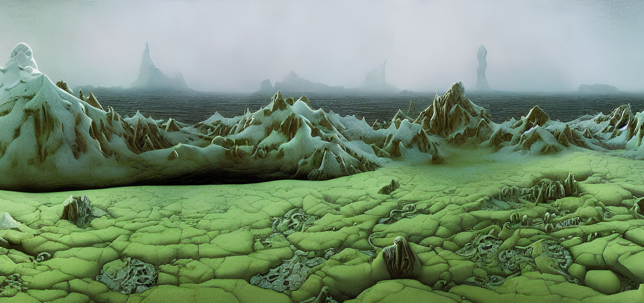 Surreal green and blue landscape with cracked earth and icy mountain peaks.